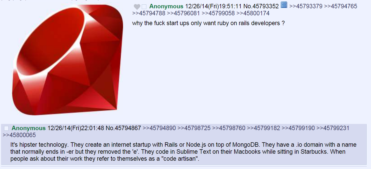 4chan on tech startups | developer-memes, code-memes, tech-memes, technology-memes, art-memes, sublime text-memes, node-memes, node.js-memes, ruby on rails-memes, ruby-memes, mongodb-memes, internet-memes, mongo-memes, mac-memes, macbook-memes | ProgrammerHumor.io