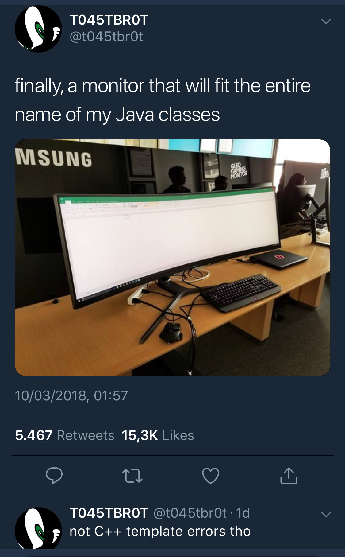 I’d still need a 2nd monitor. | java-memes, c++-memes, errors-memes, class-memes, error-memes, monitor-memes, retweet-memes | ProgrammerHumor.io