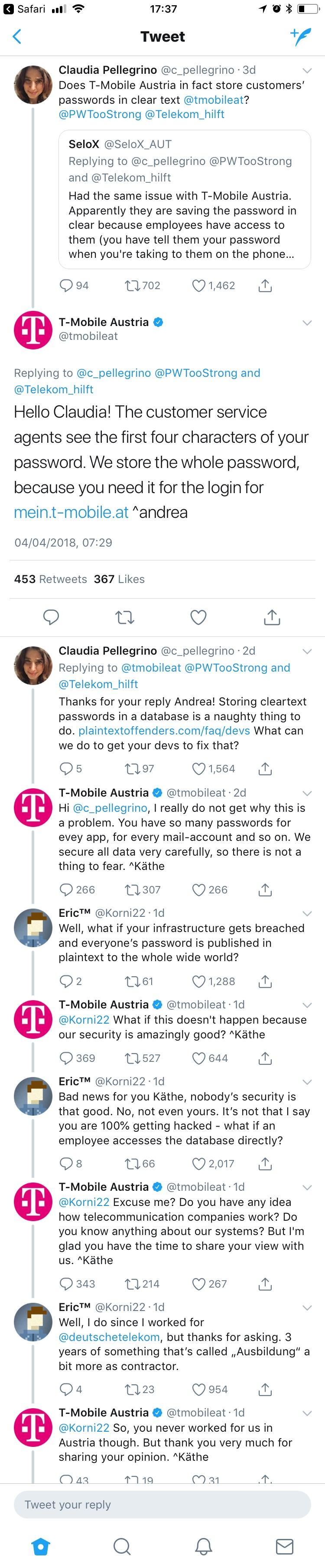 Most of the thread of T Mobile Austria‘s “super secure” password storing techniques | tech-memes, art-memes, data-memes, password-memes, security-memes, devs-memes, database-memes, fix-memes, qa-memes, IT-memes, rds-memes, idea-memes, ide-memes, retweet-memes | ProgrammerHumor.io