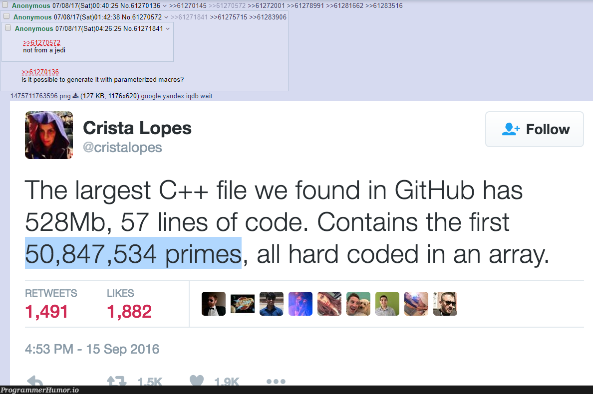 Generating primes under 1,000,000,000 | code-memes, google-memes, array-memes, c++-memes, lines of code-memes, git-memes, github-memes, IT-memes, mac-memes, retweet-memes | ProgrammerHumor.io