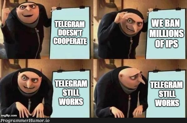 Russia bans over 1.8 million amazon and google cloud ips in an attempt to take down telegram | google-memes, amazon-memes, cloud-memes | ProgrammerHumor.io