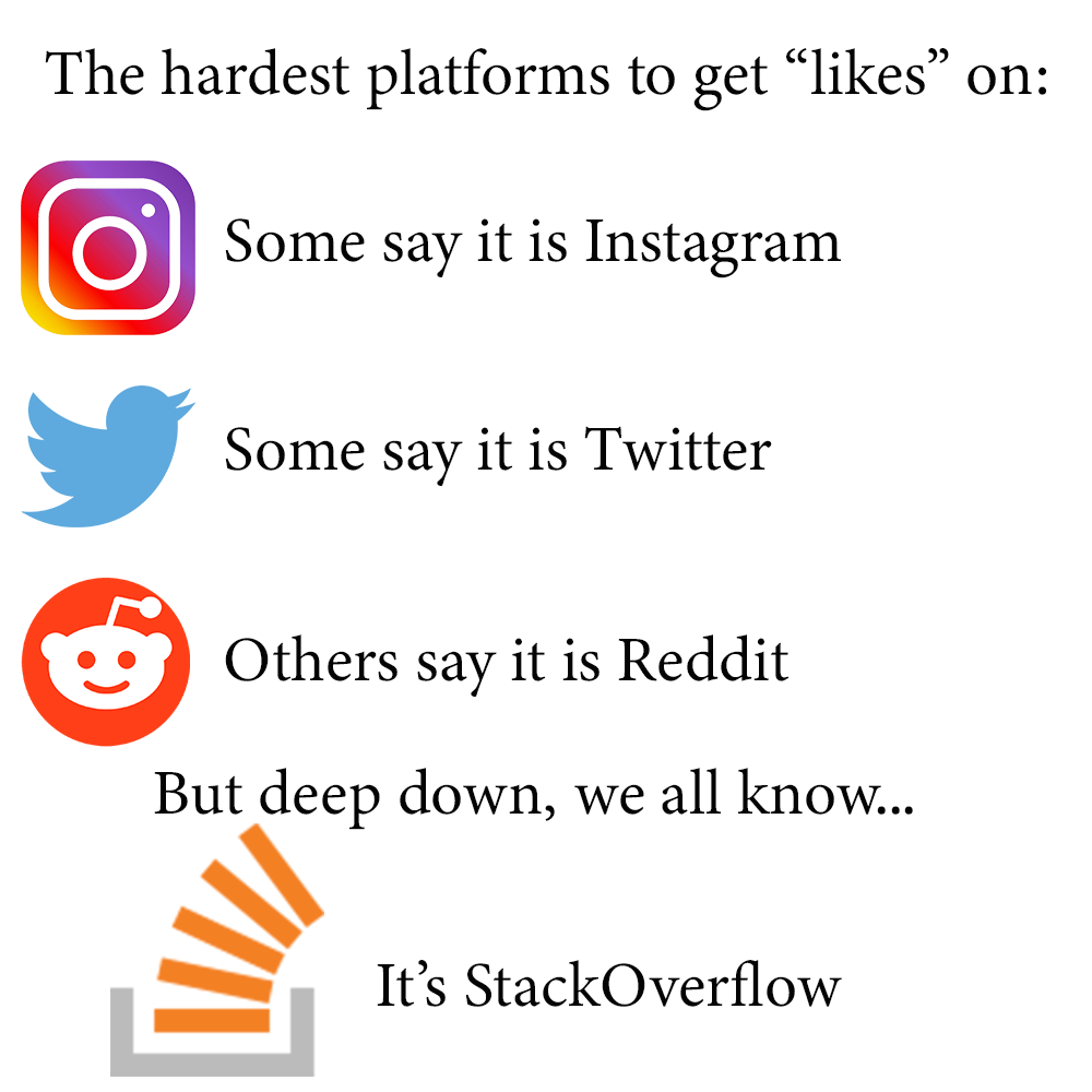 The hardest platform to get likes on: | stackoverflow-memes, stack-memes, forms-memes, overflow-memes, reddit-memes, IT-memes, twitter-memes | ProgrammerHumor.io