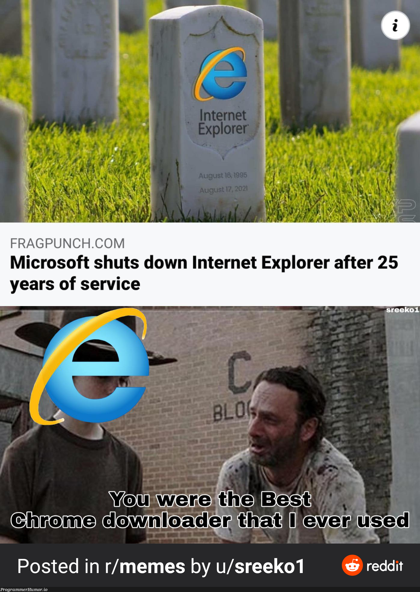 Great news for all front-end dev! You are now free from the "KO on IE" (not OC clearly) | internet explorer-memes, internet-memes, microsoft-memes, reddit-memes, front-end-memes | ProgrammerHumor.io