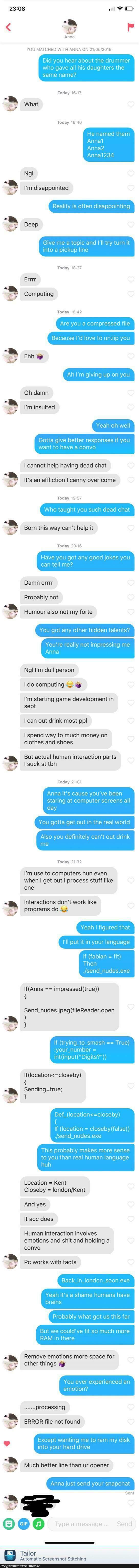 This is how you salvage a dead Tinder convo (found on r/tinder) | computer-memes, development-memes, computing-memes, tinder-memes, program-memes, try-memes, loc-memes, git-memes, error-memes, IT-memes, language-memes, space-memes | ProgrammerHumor.io