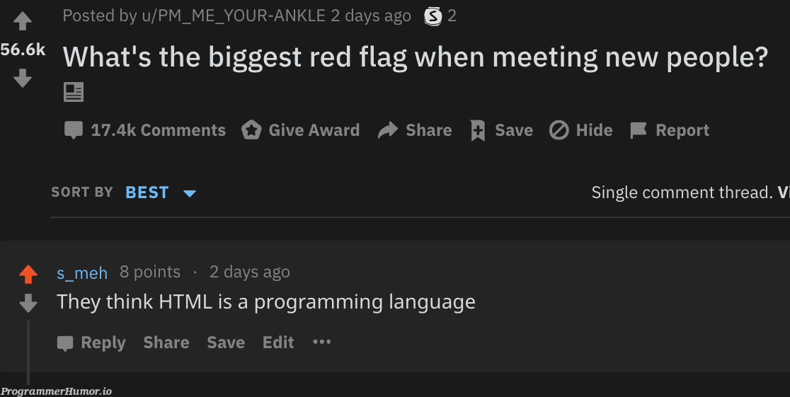 Red flag.. | programming-memes, html-memes, program-memes, ide-memes, ML-memes, language-memes, comment-memes, programming language-memes | ProgrammerHumor.io