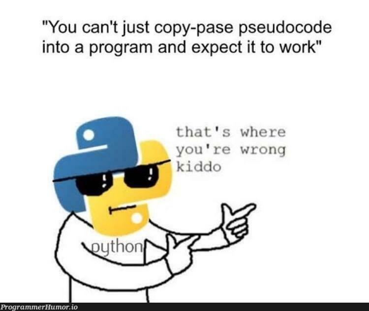 Python be like... | code-memes, python-memes, program-memes, IT-memes, Pseudocode-memes | ProgrammerHumor.io