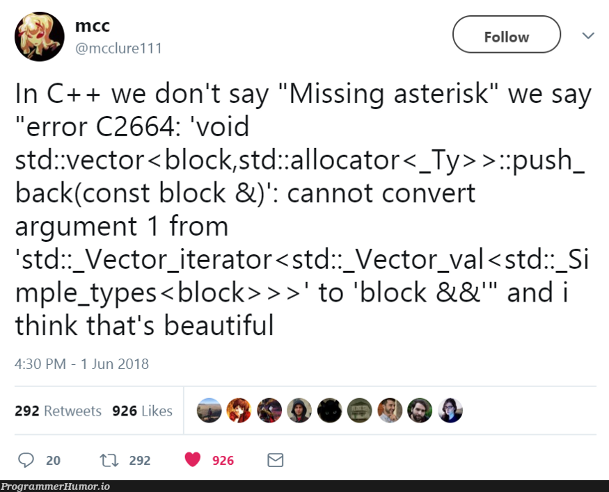 How beautiful is C++ | c++-memes, loc-memes, lock-memes, error-memes, retweet-memes | ProgrammerHumor.io