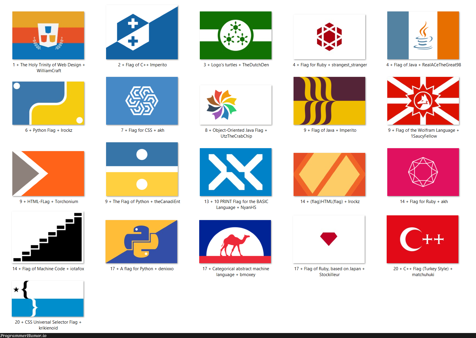 Folk over at /r/vexillology designed flag for our favorite languages! | html-memes, css-memes, code-memes, java-memes, python-memes, web-memes, design-memes, c++-memes, machine-memes, ruby-memes, object-memes, mac-memes, ML-memes, language-memes, cs-memes | ProgrammerHumor.io