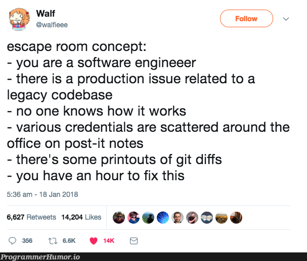 This escape room takes place at 4PM on Friday | software-memes, code-memes, git-memes, fix-memes, production-memes, IT-memes, credentials-memes, product-memes | ProgrammerHumor.io