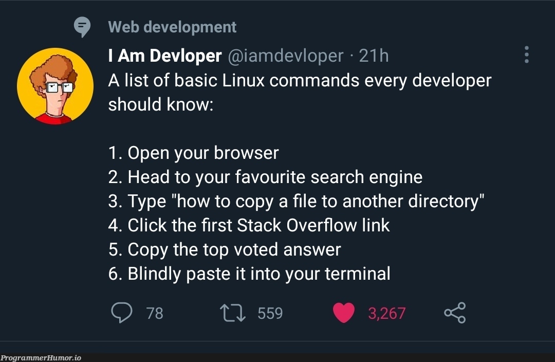 Basic Linux commands every developer should know | developer-memes, web development-memes, development-memes, linux-memes, web-memes, ux-memes, stack-memes, stack overflow-memes, terminal-memes, command-memes, list-memes, search-memes, cli-memes, overflow-memes, IT-memes | ProgrammerHumor.io