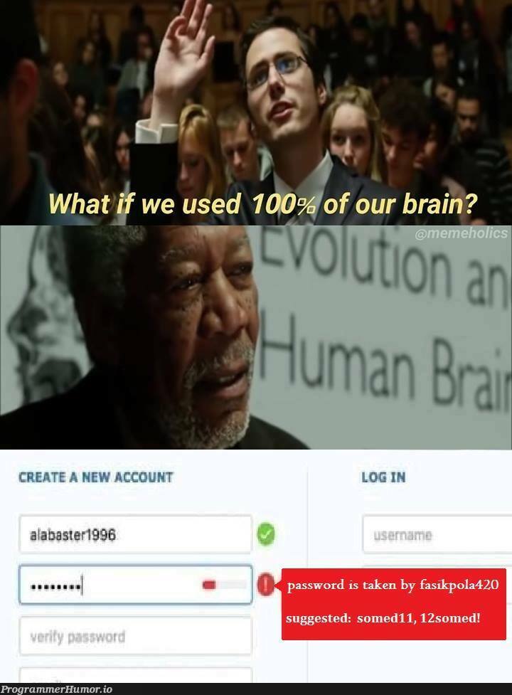 When a developer uses his 100% of his cerebral capacity. | developer-memes, password-memes | ProgrammerHumor.io