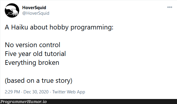 A haiku about hobby programming | programming-memes, web-memes, program-memes, version-memes, version control-memes, twitter-memes | ProgrammerHumor.io