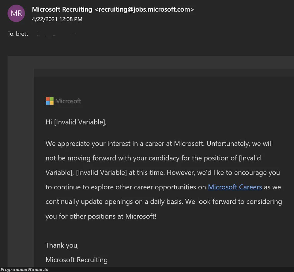 Hi Invalid variable! | rest-memes, date-memes, recruit-memes, microsoft-memes, ide-memes | ProgrammerHumor.io