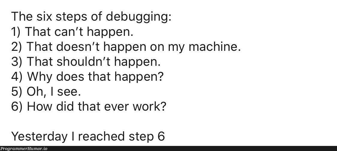 The six levels of debugging | debugging-memes, bug-memes, machine-memes, debug-memes, mac-memes | ProgrammerHumor.io