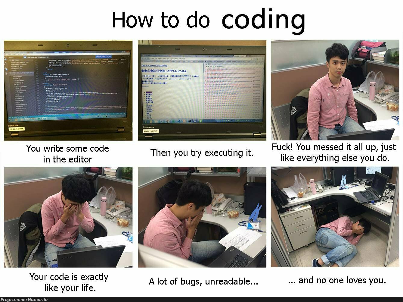 How to code in 6 easy steps | coding-memes, code-memes, try-memes, bugs-memes, bug-memes, IT-memes | ProgrammerHumor.io