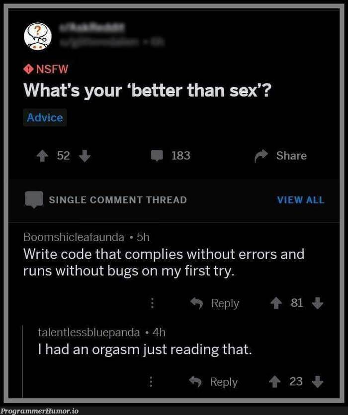 What's your "Better than sex"? | code-memes, try-memes, bugs-memes, errors-memes, bug-memes, error-memes, comment-memes | ProgrammerHumor.io