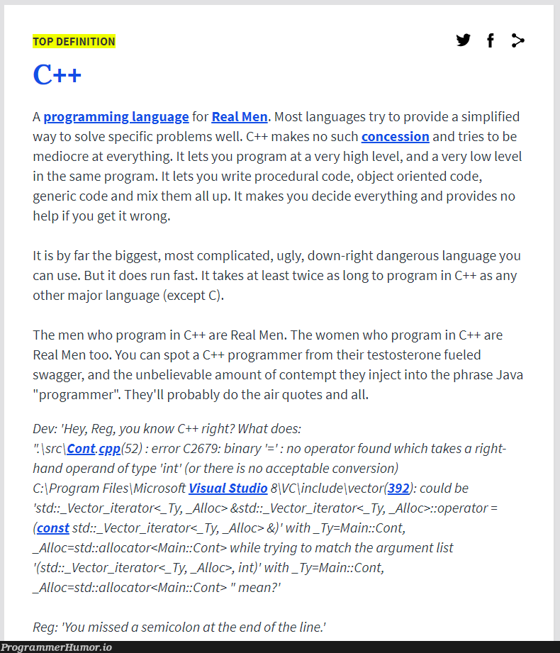 The best response to what is c++ | programmer-memes, code-memes, java-memes, program-memes, try-memes, c++-memes, test-memes, loc-memes, version-memes, visual studio-memes, list-memes, object-memes, error-memes, microsoft-memes, IT-memes, ide-memes, semicolon-memes, language-memes, binary-memes | ProgrammerHumor.io