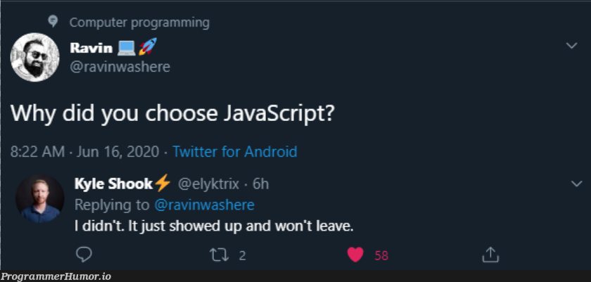 You don't choose Javascript, it chooses you | programming-memes, javascript-memes, computer-memes, java-memes, android-memes, program-memes, IT-memes, twitter-memes | ProgrammerHumor.io