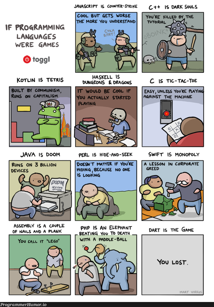 If programming languages were games | programming-memes, javascript-memes, php-memes, java-memes, program-memes, assembly-memes, c++-memes, machine-memes, haskell-memes, swift-memes, perl-memes, kotlin-memes, dart-memes, c-memes, ide-memes, mac-memes, language-memes, programming language-memes | ProgrammerHumor.io