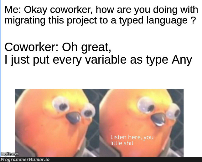 I'm looking at you Typescript dev | typescript-memes, language-memes | ProgrammerHumor.io