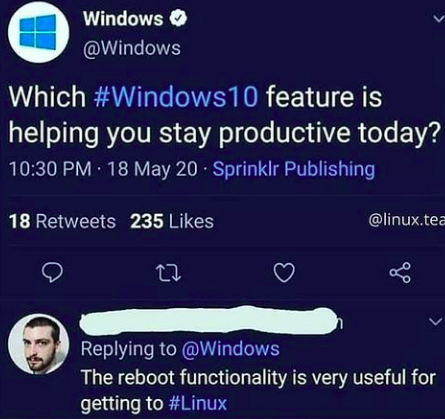 The roasting continues | linux-memes, ux-memes, windows-memes, function-memes, retweet-memes, feature-memes, product-memes | ProgrammerHumor.io