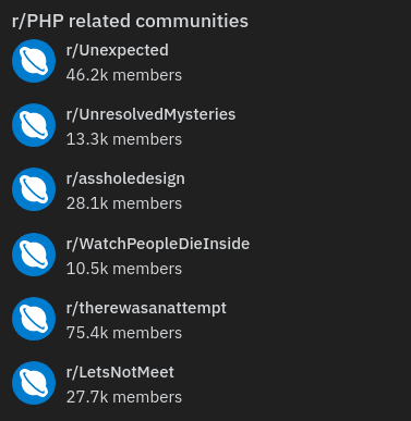 Related PHP subreddits | php-memes, reddit-memes, subreddit-memes | ProgrammerHumor.io