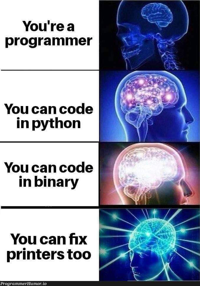 Fixing printers is something beyond my ability | programmer-memes, code-memes, python-memes, program-memes, fix-memes, binary-memes | ProgrammerHumor.io