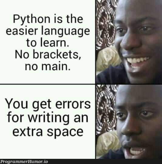 Python is actually easy but no | python-memes, errors-memes, error-memes, language-memes, space-memes | ProgrammerHumor.io