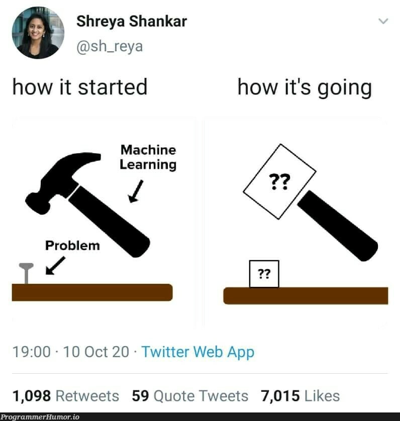 We don't know how ml will solve it but let's use it anyways | web-memes, machine-memes, IT-memes, mac-memes, ML-memes, twitter-memes, retweet-memes | ProgrammerHumor.io