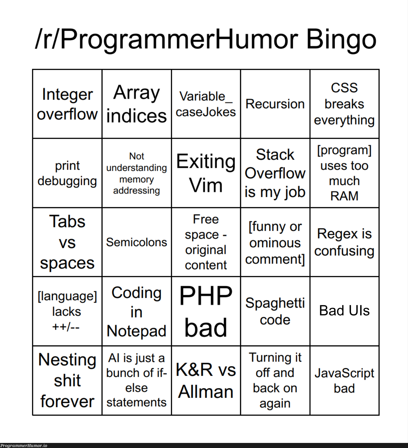 Programmer humor bingo | programmer-memes, javascript-memes, code-memes, php-memes, java-memes, vim-memes, program-memes, regex-memes, recursion-memes, overflow-memes, IT-memes, semicolon-memes, language-memes, space-memes, tabs-memes, comment-memes | ProgrammerHumor.io