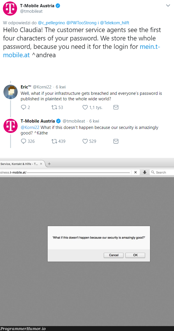 T-Mobile Austria follows only the best practices | password-memes, security-memes, IT-memes, ide-memes | ProgrammerHumor.io