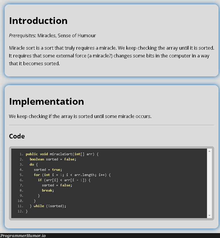 I present you: The Miracle Sort | code-memes, computer-memes, array-memes, IT-memes | ProgrammerHumor.io