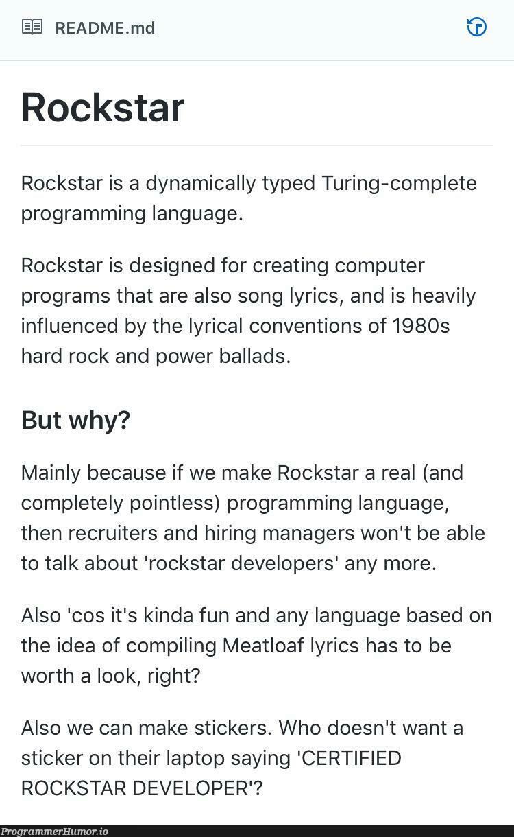 Are you a Rockstar Developer? | programming-memes, developer-memes, computer-memes, design-memes, program-memes, recruiters-memes, recruit-memes, idea-memes, ide-memes, laptop-memes, language-memes, cs-memes, manager-memes, programming language-memes | ProgrammerHumor.io