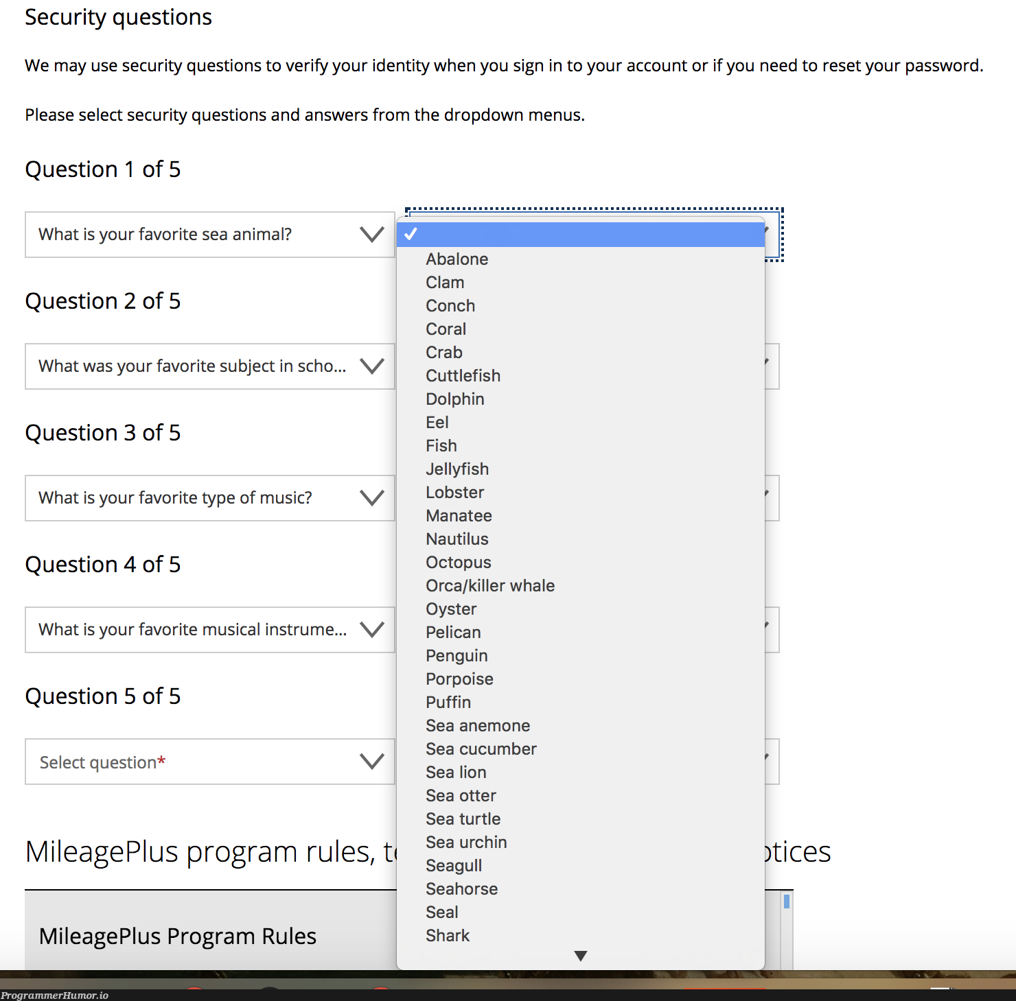 United Airlines forces you to select premade answers to your security questions | program-memes, password-memes, security-memes, ide-memes | ProgrammerHumor.io