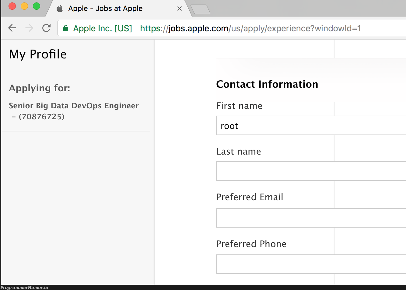 Getting a job at Apple | engineer-memes, data-memes, apple-memes, http-memes, email-memes, big data-memes, devops-memes | ProgrammerHumor.io