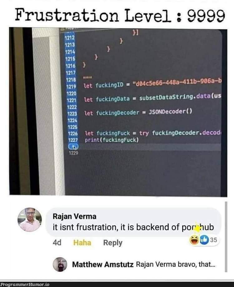 Frustration Level 9999 | code-memes, coder-memes, backend-memes, try-memes, data-memes, json-memes, string-memes, IT-memes | ProgrammerHumor.io