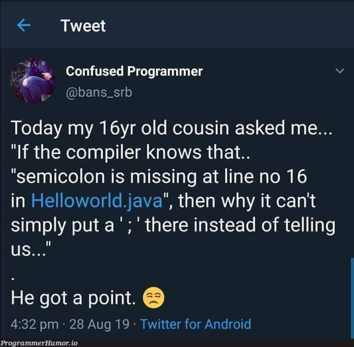 He's got a point! | programmer-memes, java-memes, android-memes, program-memes, compiler-memes, IT-memes, twitter-memes, semicolon-memes | ProgrammerHumor.io