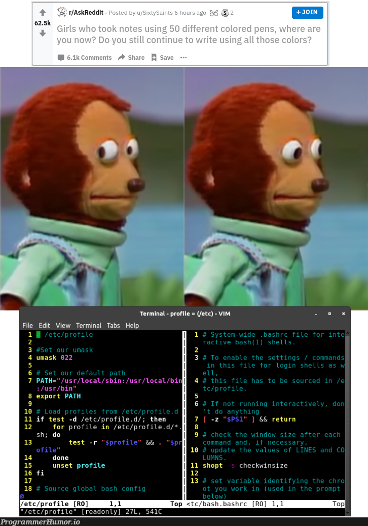 Silly girls color coding notes! Who does that? Right guys! Guys? Guys..... | coding-memes, vim-memes, test-memes, loc-memes, terminal-memes, bash-memes, reddit-memes, tabs-memes | ProgrammerHumor.io
