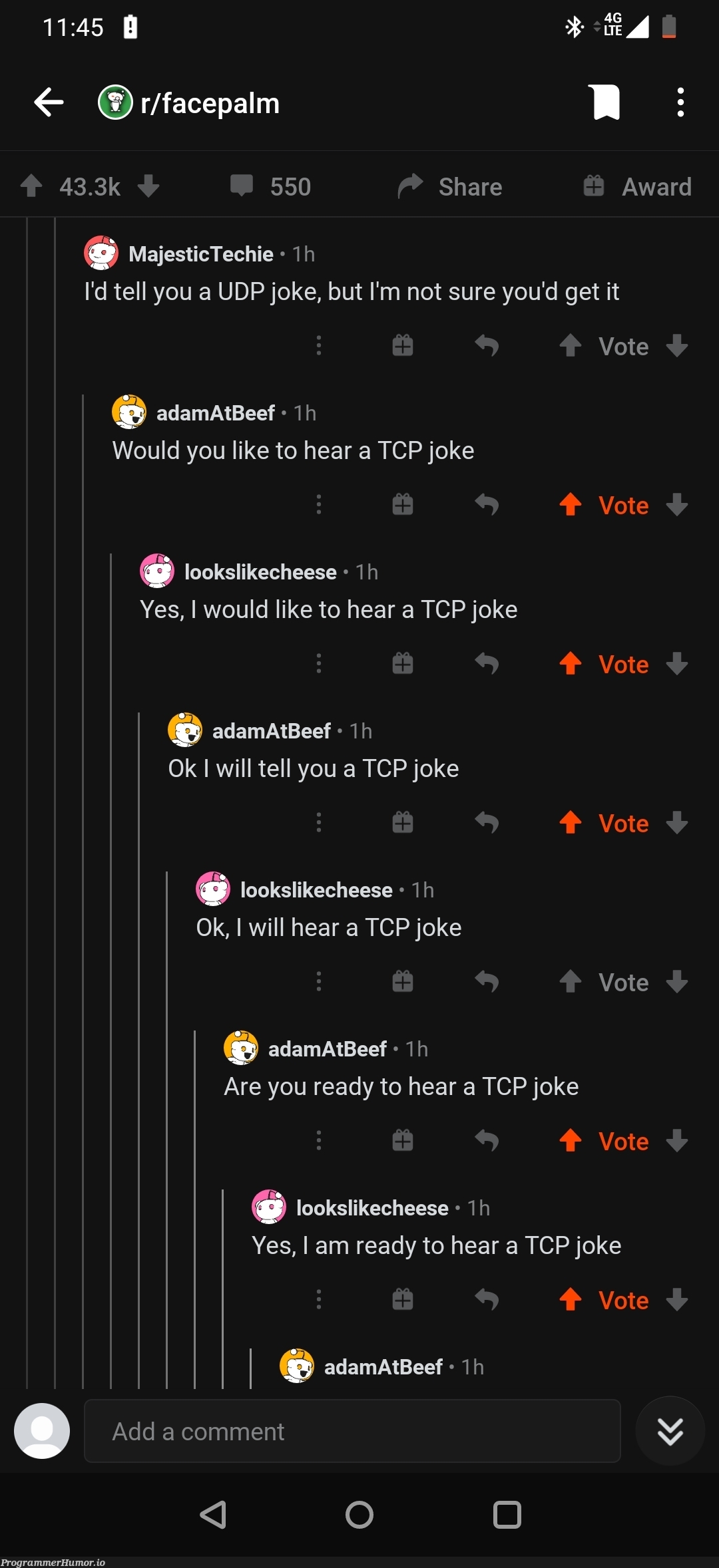 Waiting for joke ACK | tech-memes, IT-memes, comment-memes, tcp-memes, udp-memes | ProgrammerHumor.io