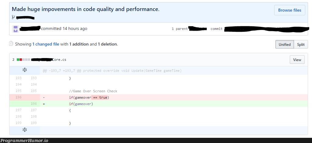 Huge improvements in both code quality and performance. | code-memes, performance-memes, bot-memes, cs-memes | ProgrammerHumor.io