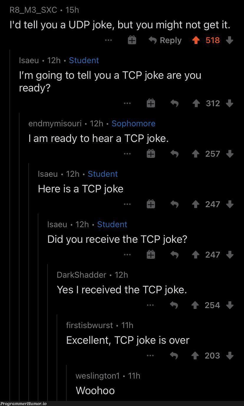 I’m going to tell a joke | excel-memes, tcp-memes, udp-memes | ProgrammerHumor.io