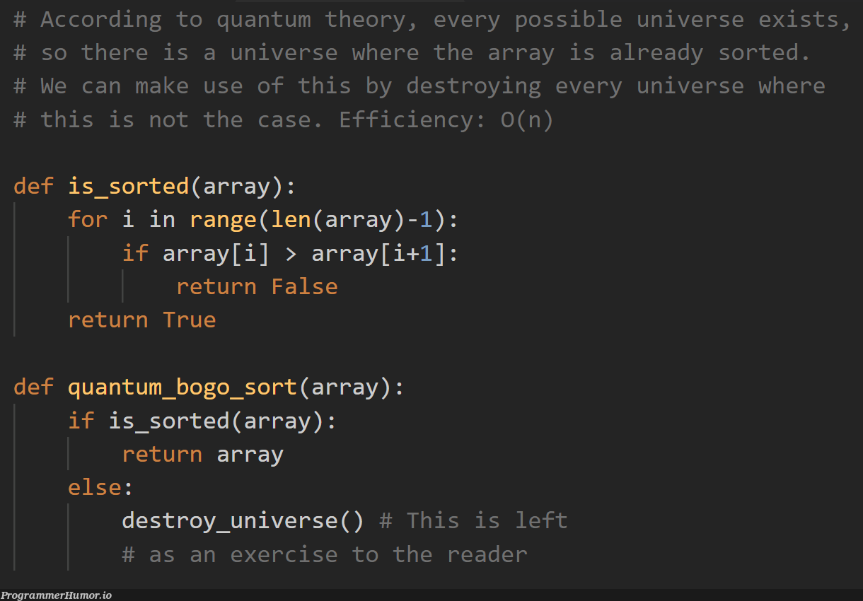 Sorting with O(n) efficiency | array-memes, sorting-memes | ProgrammerHumor.io