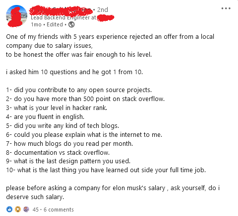 Ah yes, LinkedIn elitist gatekeeping at it's finest! | tech-memes, design-memes, hacker-memes, stack-memes, stack overflow-memes, loc-memes, internet-memes, linkedin-memes, overflow-memes, documentation-memes, open source-memes, logs-memes, comment-memes | ProgrammerHumor.io