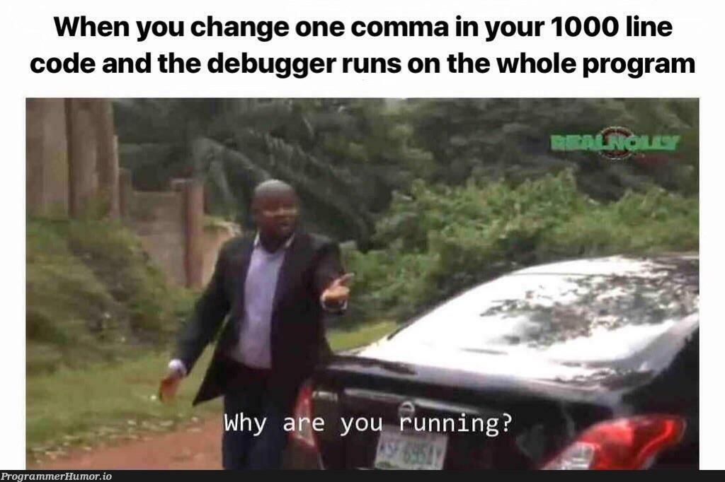 Why are you running? | code-memes, program-memes, bug-memes, debug-memes, debugger-memes | ProgrammerHumor.io