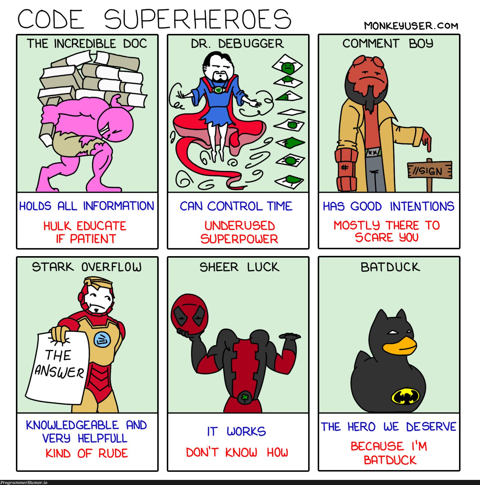 Code Superheroes | code-memes, bug-memes, debug-memes, overflow-memes, IT-memes, edge-memes, debugger-memes, comment-memes | ProgrammerHumor.io