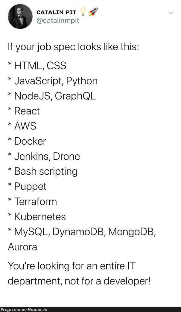 Job requirement nowadays | developer-memes, html-memes, css-memes, javascript-memes, java-memes, python-memes, aws-memes, mysql-memes, react-memes, node-memes, nodejs-memes, sql-memes, mongodb-memes, bash-memes, docker-memes, jenkins-memes, mongo-memes, IT-memes, ML-memes, terraform-memes, puppet-memes, kubernetes-memes, cs-memes, graph-memes, graphql-memes | ProgrammerHumor.io