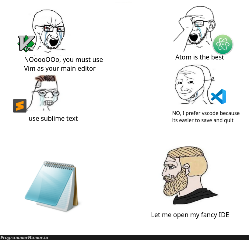 Reject modernity | code-memes, sublime text-memes, vim-memes, vscode-memes, ide-memes | ProgrammerHumor.io
