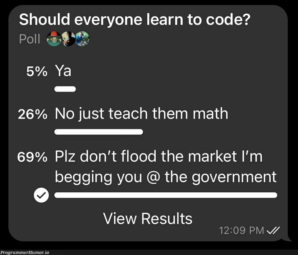 The results are in! Also, nice. | code-memes | ProgrammerHumor.io