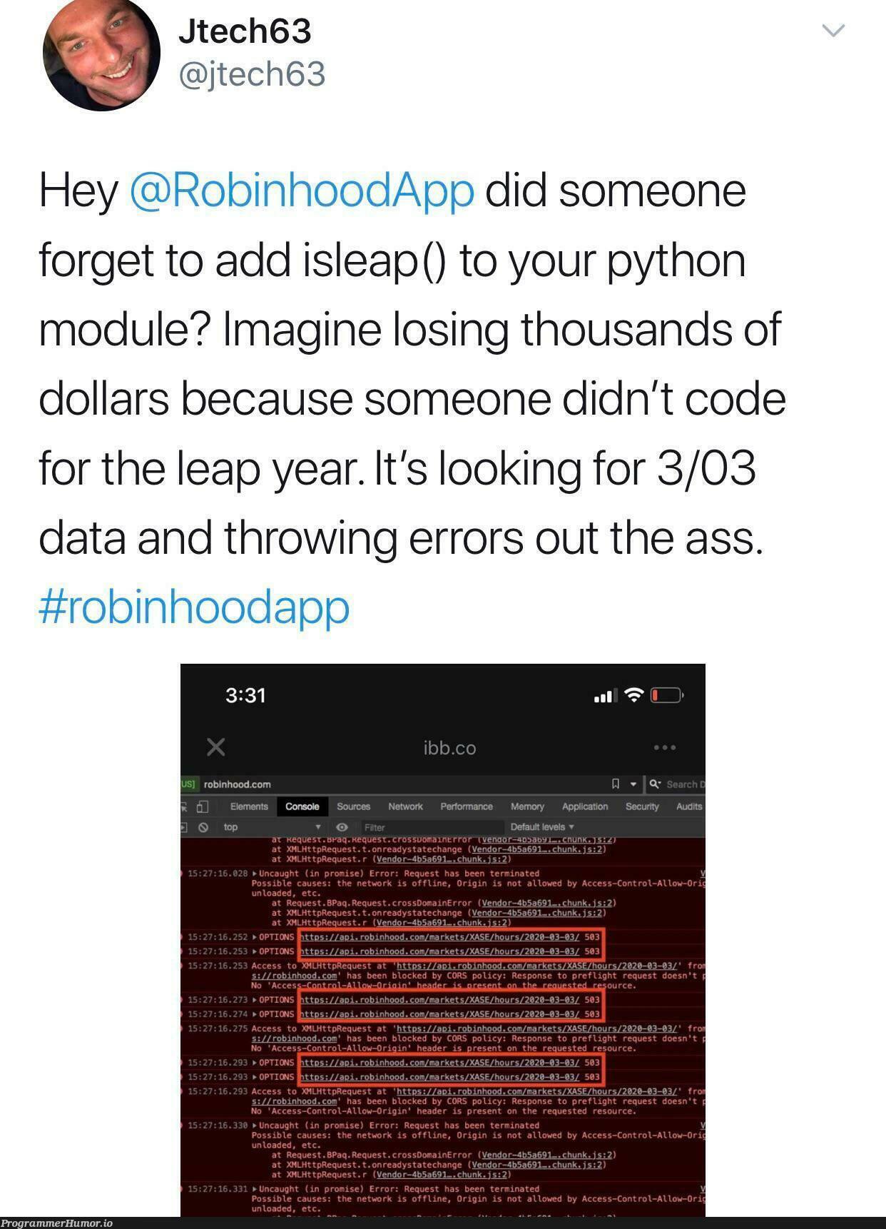 Forgot to account for the extra day in the leap year causes entire Robin Hood to crash | code-memes, tech-memes, python-memes, errors-memes, data-memes, error-memes, crash-memes | ProgrammerHumor.io