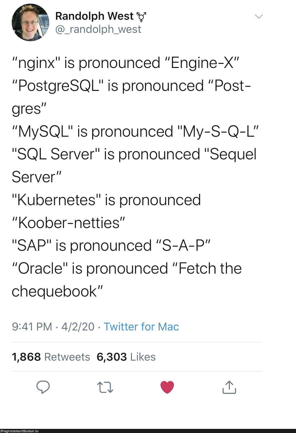 avaScript is pronounced E-C-M-A Script | server-memes, mysql-memes, sql-memes, sql server-memes, postgresql-memes, oracle-memes, nginx-memes, postgres-memes, mac-memes, kubernetes-memes, twitter-memes, retweet-memes | ProgrammerHumor.io